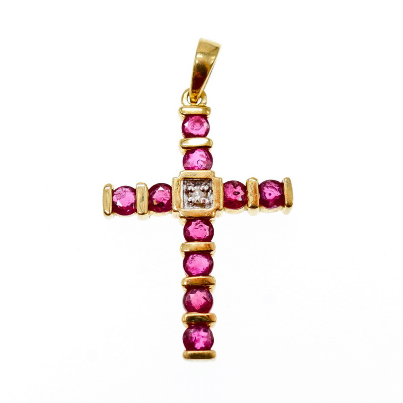 Sky Jewelry Золотой Крестик с Рубинами и Бриллиантом  14К (585 проба)