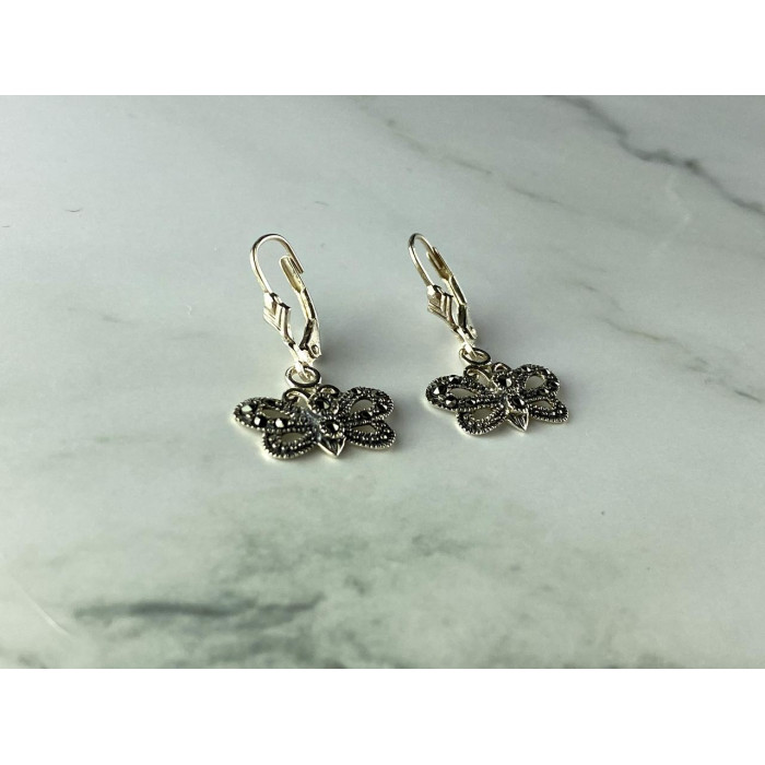 Sky Jewelry Винтажные Серебряные Серьги с камнями Морион  *Бабочка*