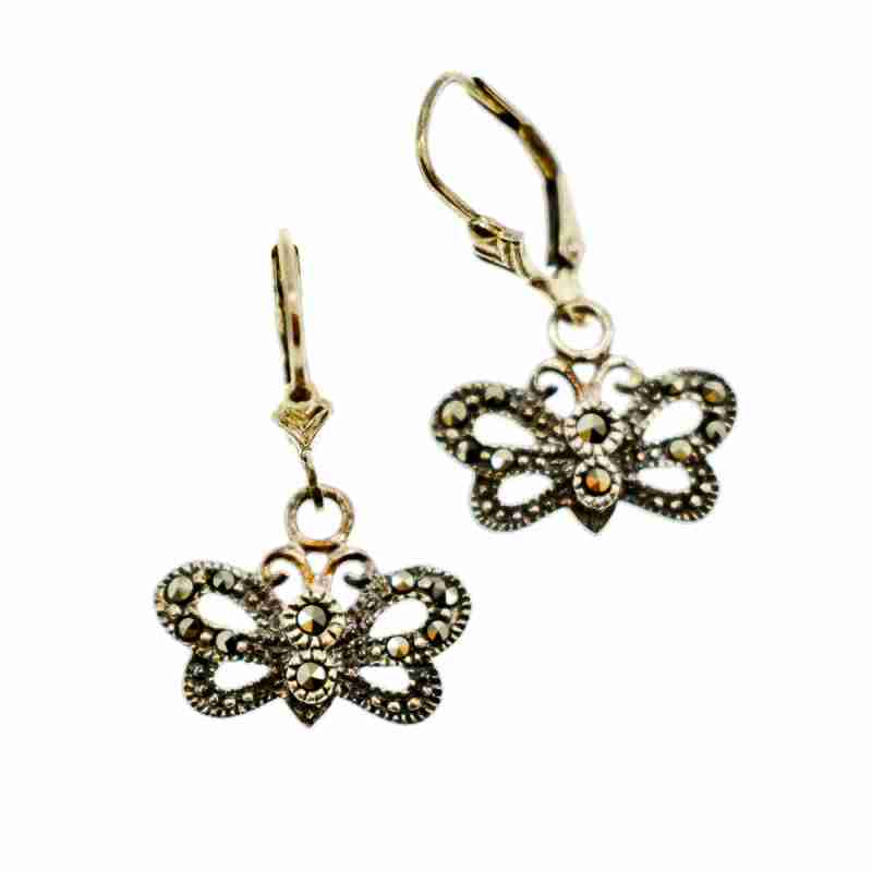 Sky Jewelry Винтажные Серебряные Серьги с камнями Морион  *Бабочка*