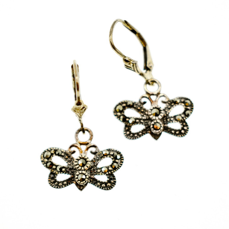 Sky Jewelry Винтажные Серебряные Серьги с камнями Морион  *Бабочка*