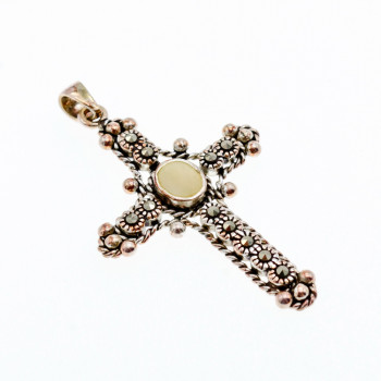 Sky Jewelry Серебряный Крестик с Перламутром и камнями Морион