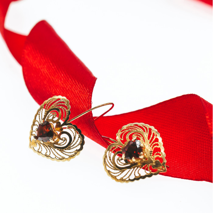 Sky Jewelry Золотые Серьги с Гранатом 14К (585 проба) *Сердце*