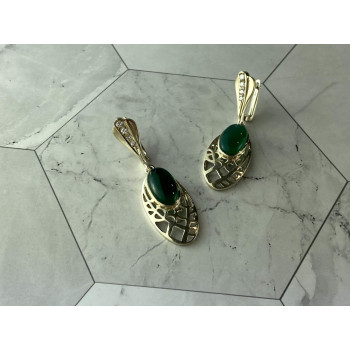 Sky Jewelry Винтажные Серебряные Серьги с зеленым Агатом и Фианитами 925 проба