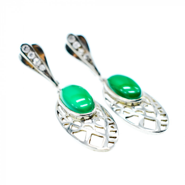 Sky Jewelry Винтажные Серебряные Серьги с зеленым Агатом и Фианитами 925 проба