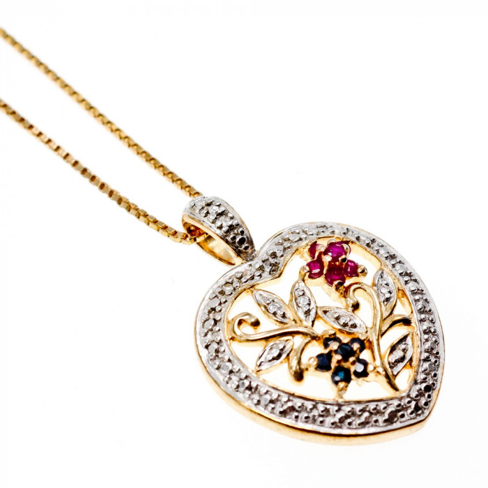 Sky Jewelry Серебряная Цепочка с Кулоном в позолоте с Рубинами и Сапфирами