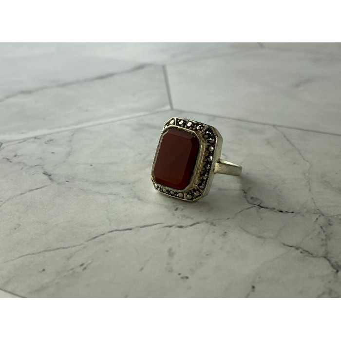 Sky Jewelry Винтажное Серебряное кольцо с Агатом и камнями Морион