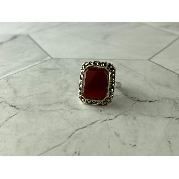 Sky Jewelry Винтажное Серебряное кольцо с Агатом и камнями Морион