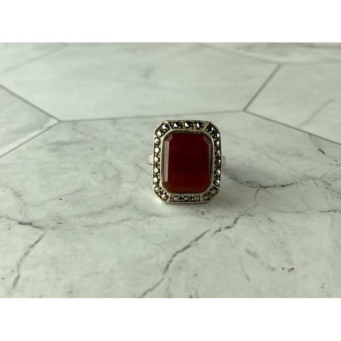 Sky Jewelry Винтажное Серебряное кольцо с Агатом и камнями Морион