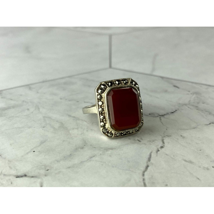 Sky Jewelry Винтажное Серебряное кольцо с Агатом и камнями Морион