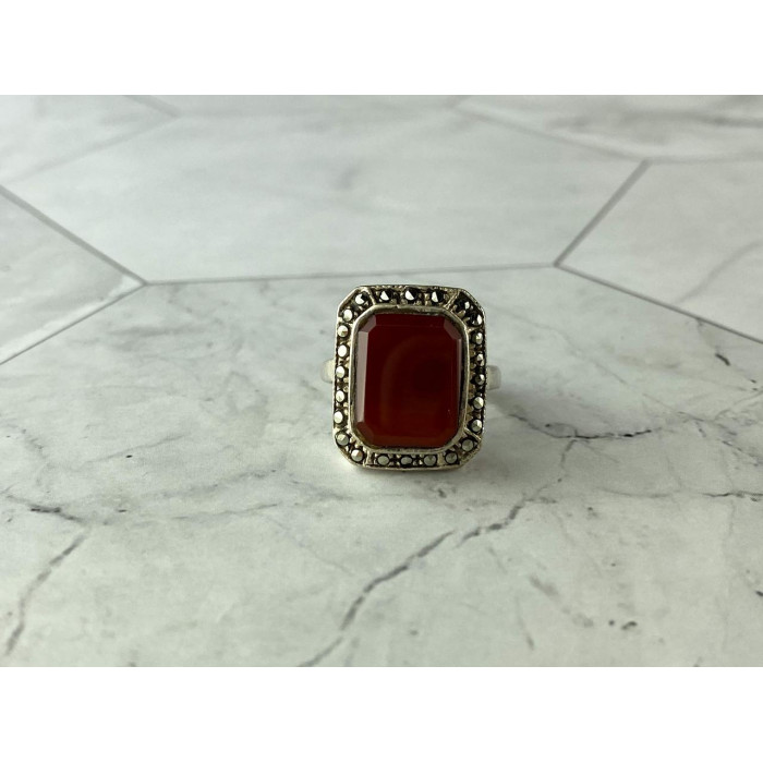 Sky Jewelry Винтажное Серебряное кольцо с Агатом и камнями Морион