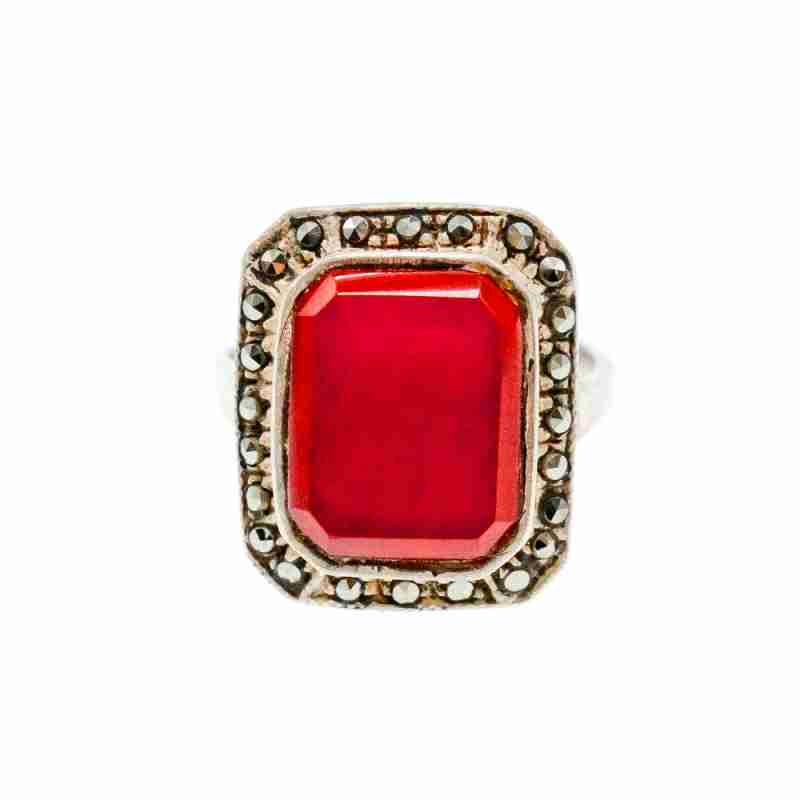 Sky Jewelry Винтажное Серебряное кольцо с Агатом и камнями Морион