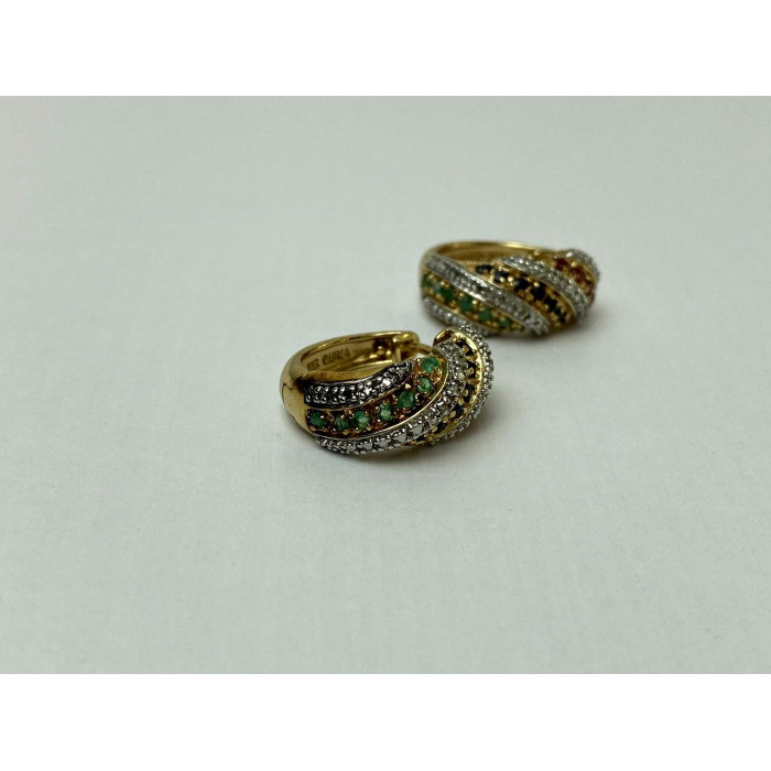 Sky Jewelry Серебряные Серьги в позолоте с Изумрудом, Сапфиром и Рубином