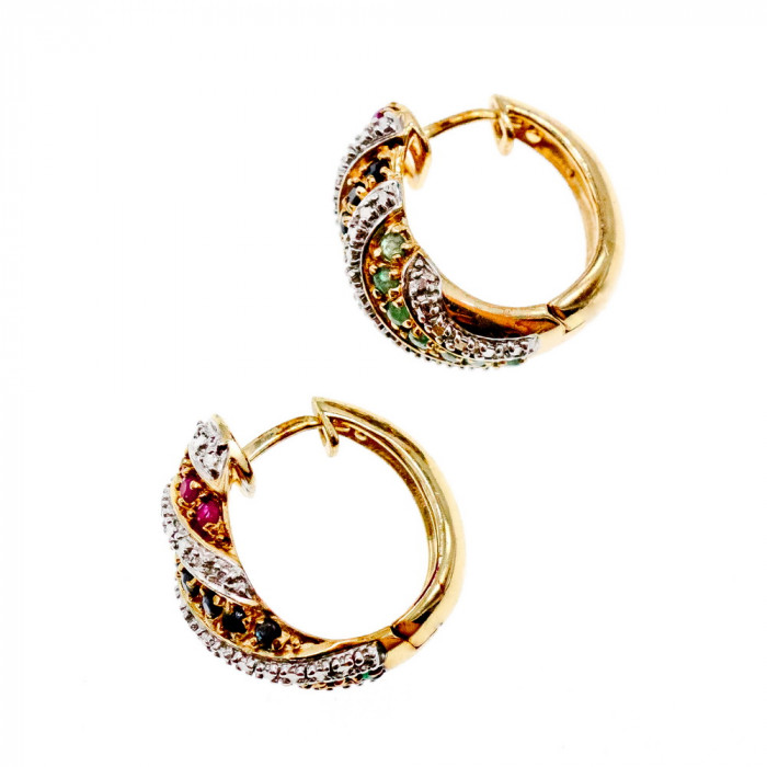 Sky Jewelry Серебряные Серьги в позолоте с Изумрудом, Сапфиром и Рубином