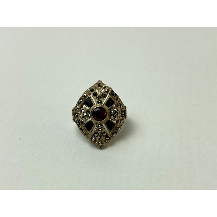 Sky Jewelry Серебряное Кольцо с камнем Спессартин и вставками из черного Нефрита и Марказита