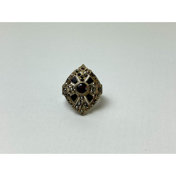 Sky Jewelry Серебряное Кольцо с камнем Спессартин и вставками из черного Нефрита и Марказита