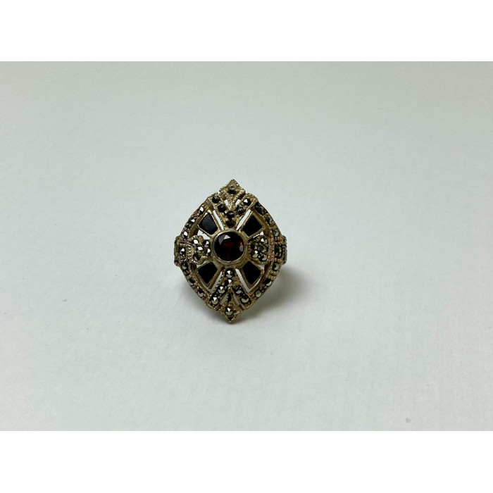 Sky Jewelry Серебряное Кольцо с камнем Спессартин и вставками из черного Нефрита и Марказита