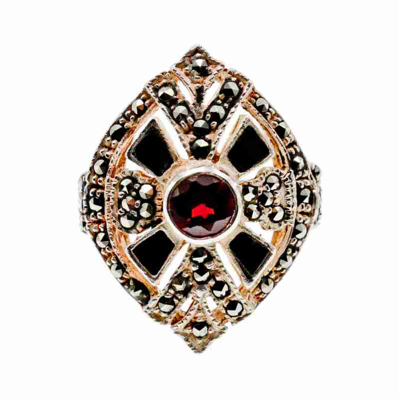 Sky Jewelry Серебряное Кольцо с камнем Спессартин и вставками из черного Нефрита и Марказита
