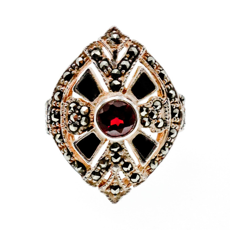 Sky Jewelry Серебряное Кольцо с камнем Спессартин и вставками из черного Нефрита и Марказита