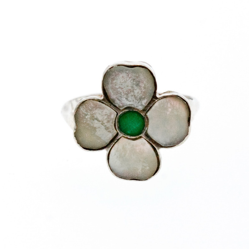 Sky Jewelry Серебряное Кольцо с Перламутром и зеленым Нефритом *Цветок*