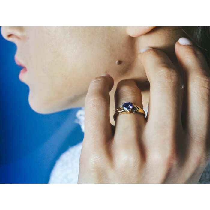 Sky Jewelry Золотое кольцо 10К (417 проба) с Аметистом и Бриллиантами  * Сердце Аметиста *