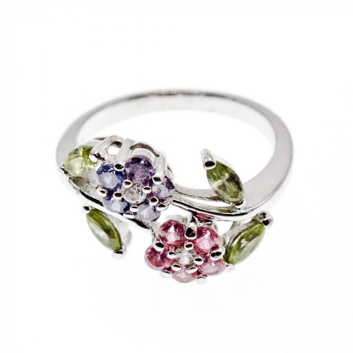 Sky Jewelry Серебряное кольцо с Аметистом Морганитом Хризолитом и Фианитом  *Цветы*