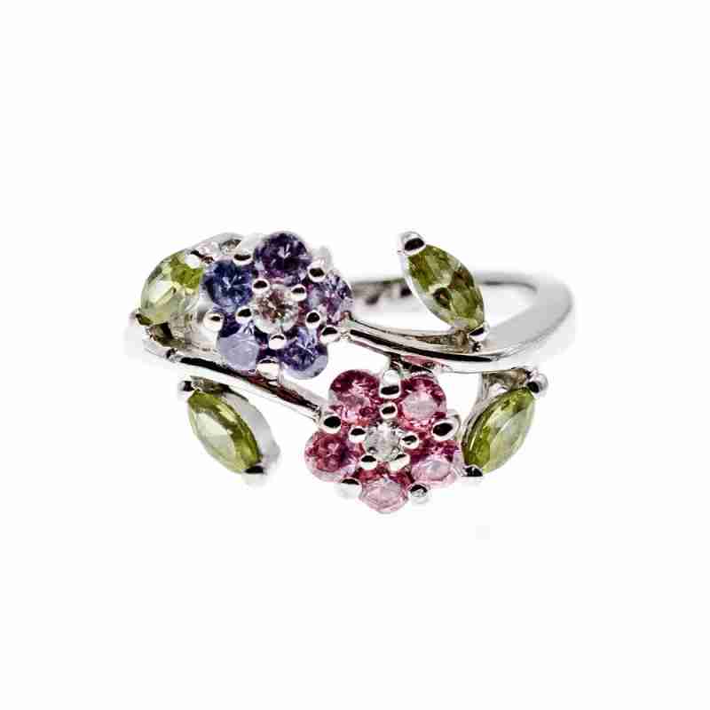 Sky Jewelry Серебряное кольцо с Аметистом Морганитом Хризолитом и Фианитом  *Цветы*