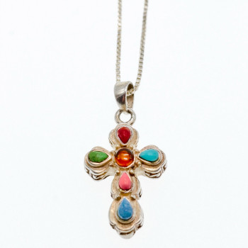 Sky Jewelry Серебряная цепочка с крестиком янтарь и разноцветный агат