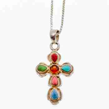 Sky Jewelry Серебряная цепочка с крестиком янтарь и разноцветный агат