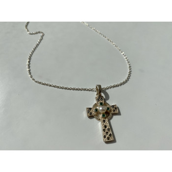 Sky Jewelry Серебряная цепочка с крестиком жемчуг морион и изумруд