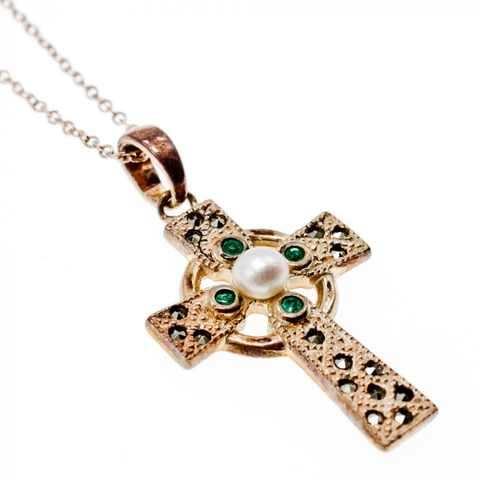 Sky Jewelry Серебряная цепочка с крестиком жемчуг морион и изумруд