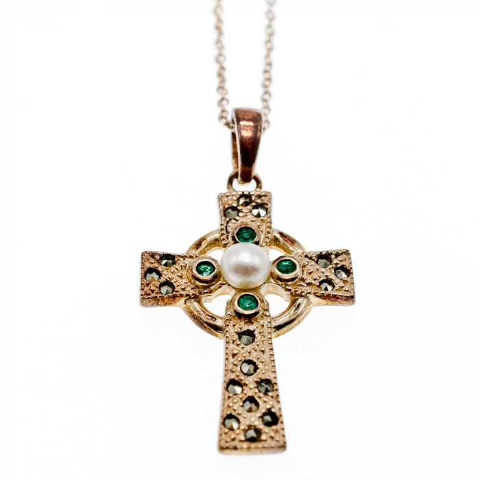 Sky Jewelry Серебряная цепочка с крестиком жемчуг морион и изумруд