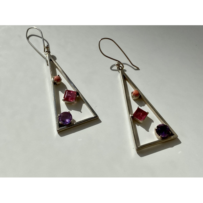 Sky Jewelry Серебряные серьги с камнями морганит иолит и агат