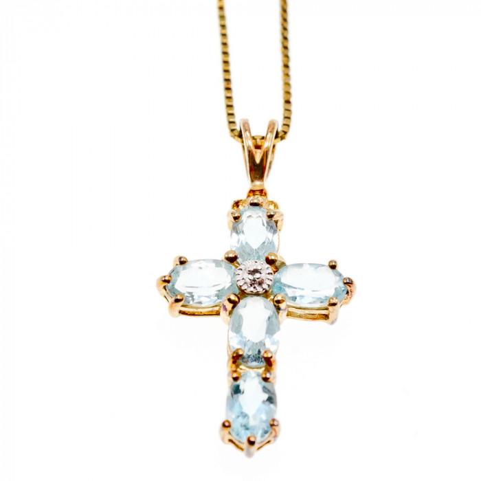 Sky Jewelry Серебряная цепочка с крестиком в позолоте с голубой Шпинелью