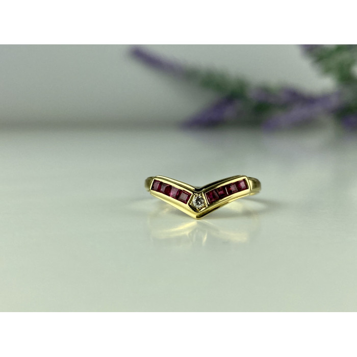 Sky Jewelry Золотое кольцо с рубинами и бриллиантом  14К (585 проба)
