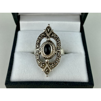 Sky Jewelry Винтажное Серебряное Кольцо с Черным Ониксом и Марказитом