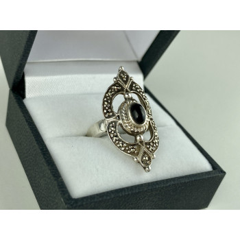 Sky Jewelry Винтажное Серебряное Кольцо с Черным Ониксом и Марказитом