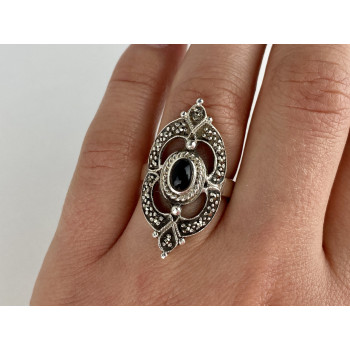 Sky Jewelry Винтажное Серебряное Кольцо с Черным Ониксом и Марказитом