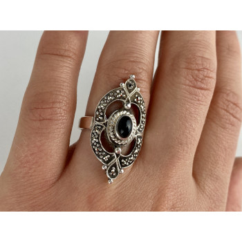 Sky Jewelry Винтажное Серебряное Кольцо с Черным Ониксом и Марказитом