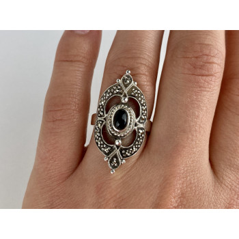 Sky Jewelry Винтажное Серебряное Кольцо с Черным Ониксом и Марказитом
