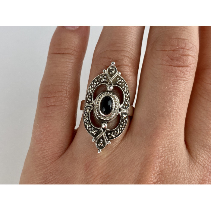 Sky Jewelry Винтажное Серебряное Кольцо с Черным Ониксом и Марказитом