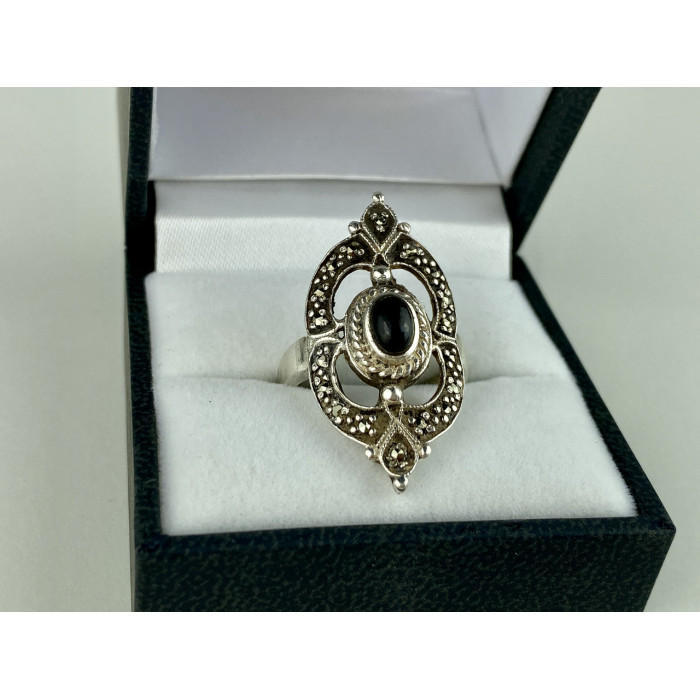 Sky Jewelry Винтажное Серебряное Кольцо с Черным Ониксом и Марказитом