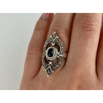 Sky Jewelry Винтажное Серебряное Кольцо с Черным Ониксом и Марказитом