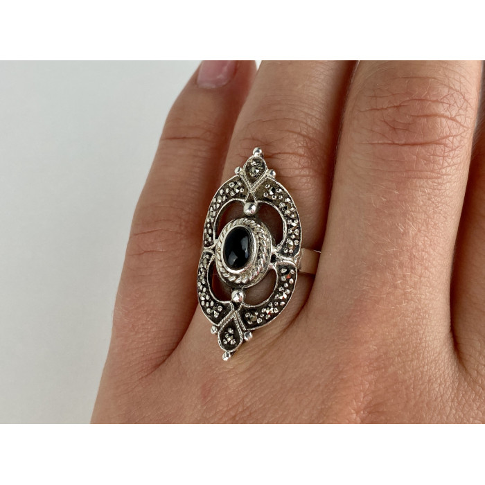 Sky Jewelry Винтажное Серебряное Кольцо с Черным Ониксом и Марказитом