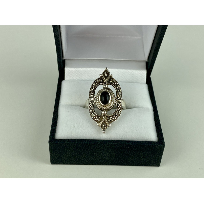 Sky Jewelry Винтажное Серебряное Кольцо с Черным Ониксом и Марказитом