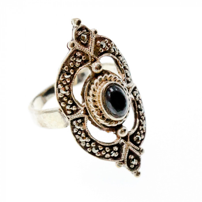 Sky Jewelry Винтажное Серебряное Кольцо с Черным Ониксом и Марказитом