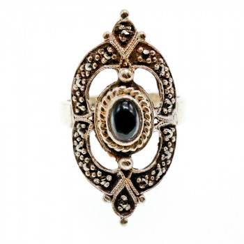Sky Jewelry Винтажное Серебряное Кольцо с Черным Ониксом и Марказитом