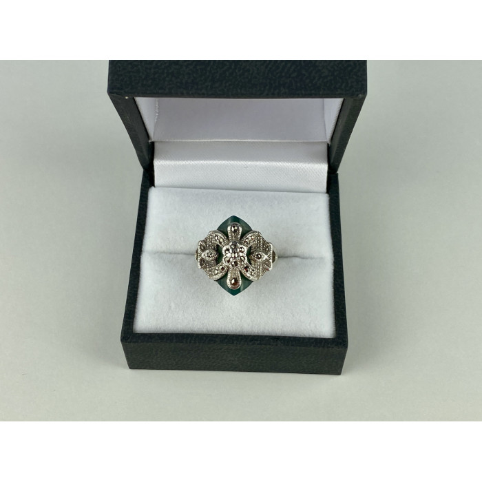 Sky Jewelry Серебряное кольцо с зеленым нефритом и камнями морион