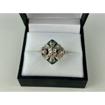 Sky Jewelry Серебряное кольцо с зеленым нефритом и камнями морион