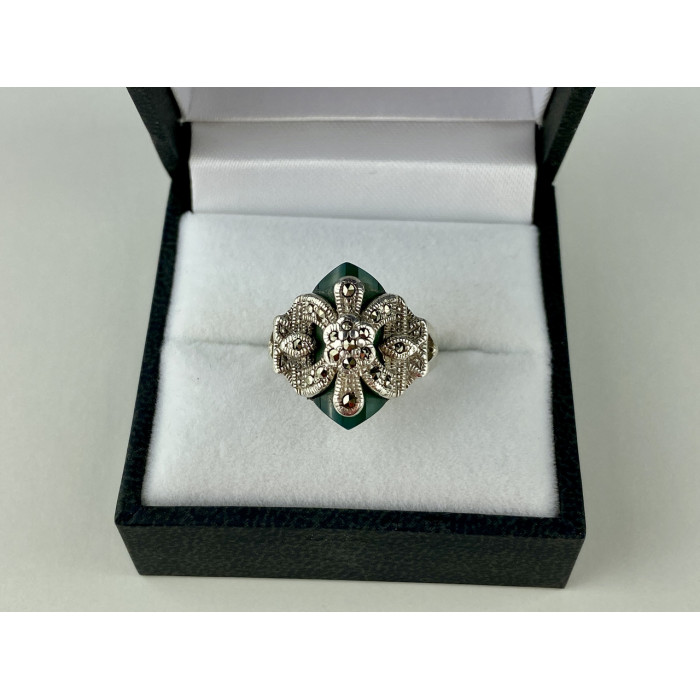 Sky Jewelry Серебряное кольцо с зеленым нефритом и камнями морион