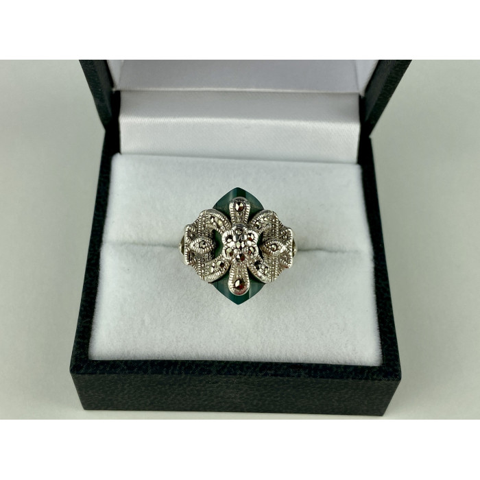 Sky Jewelry Серебряное кольцо с зеленым нефритом и камнями морион